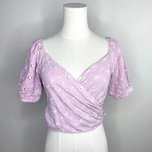 Astr Puff Sleeve Cropped Wrap‎ Top Small Eyelet Ruched Cottage Milkmaid Linen